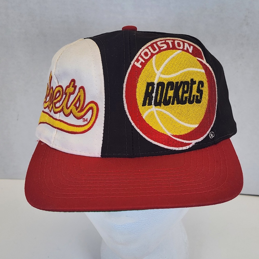 Vintage 90s Logo Athletic Houston Rockets Snapback Hat NBA Big Logo Black Red